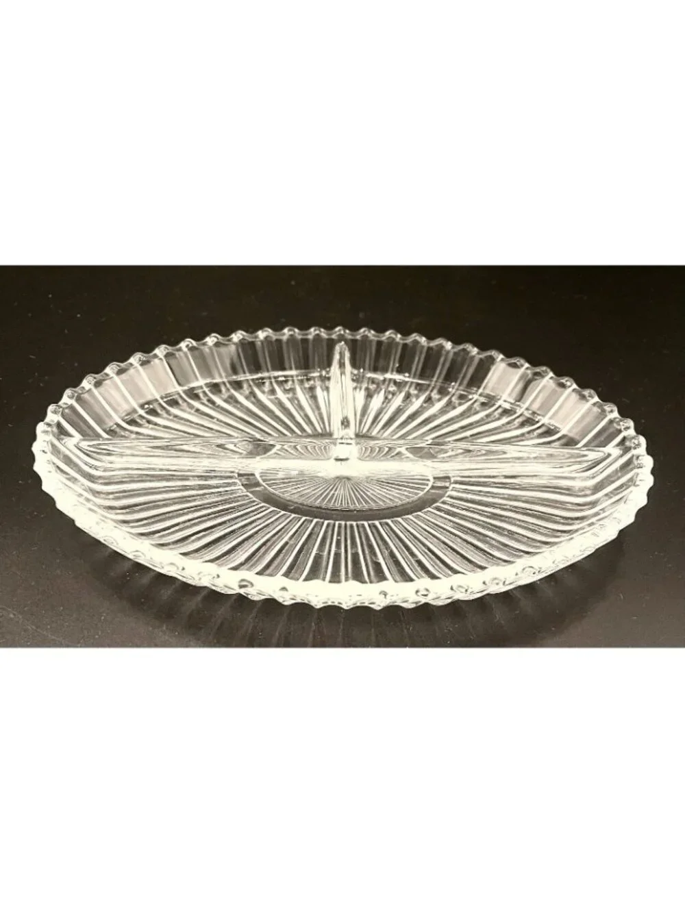 Retro Starburst Pressed Glass Divided Relish Dish 8.5” Scalloped Edge Ribbed